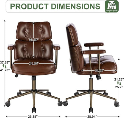 Mid-Century Modern Ergonomic Office Chair,Mid Back Faux Leather Executive Desk Chair with Walnut Bentwood,Tufted Adjustable Swivel Computer Chair for Home Office,Brown