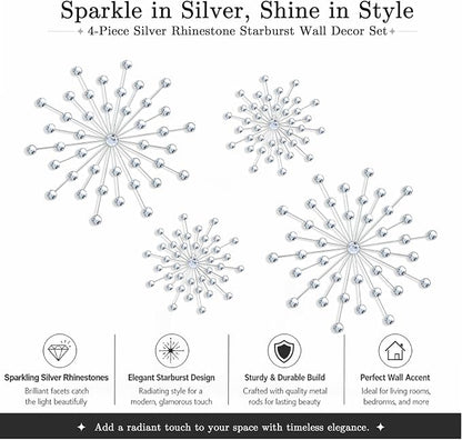 ZEXUIRU 4 Set Silver Starburst Wall Art for Home Decor Metal Bling Crystal Rhinestones Sunburst Wall Decor Sparkling Rhinestone Art Accent Silver - 13 in