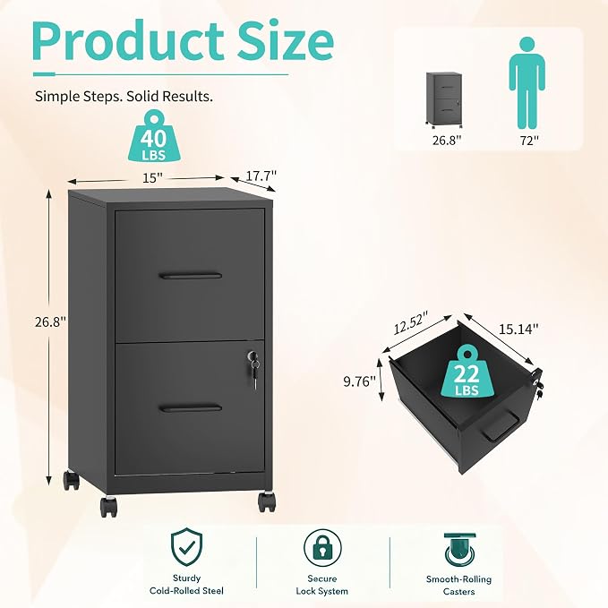 SAWJEC 2 Drawer File Cabinet with Lock, Black Metal Filing Cabinet for Home Office, Assembly Required, Vertical Locking File Cabinet with Letter Size Hanging Files, 17.7" D x 15.0" W x 26.8" H