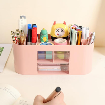 INSTOME Pencil Pen Holder for Desk with 3 Drawers - All-In-One Desk Organizer - Perfect Desk Accessories for Office Use - Stylish & Convenient Desk Organizers and Accessories (Pink)