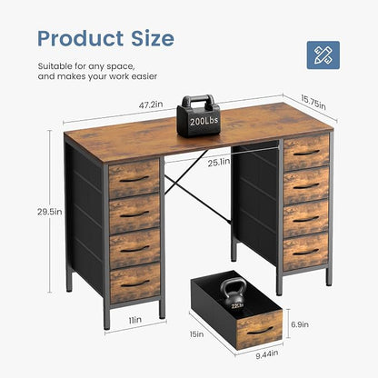 DUMOS 47 Inch Computer Desk with 8 Fabric Drawers, Office Gaming Desk with Storage, Writing Study Table with X-Shaped Reinforced Structure, Dark Brown