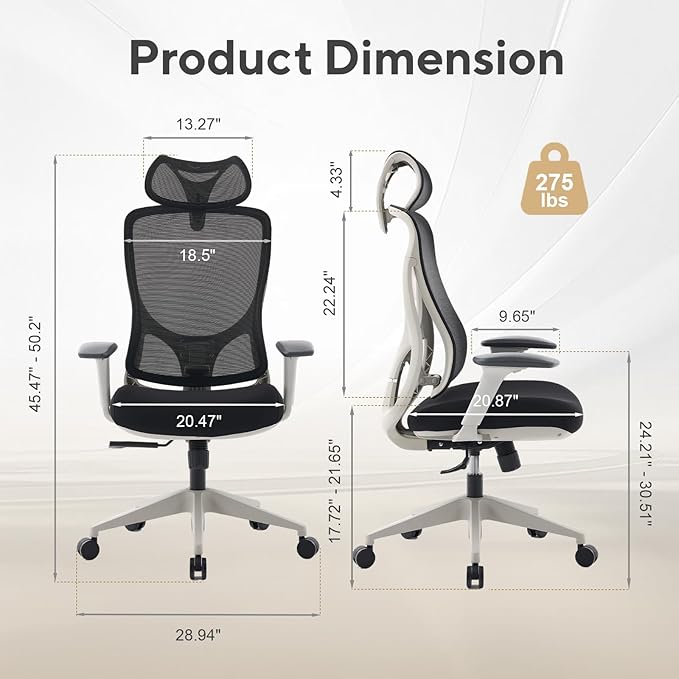 Nouhaus Apertura Ergonomic Office Chair, Home Office Desk Chairs w/Adjustable Lumbar Support & Headrest, Dynamic Back Support, 3D Armrests, High Back Mesh Comfy Computer Chair for Long Hours (Grey)