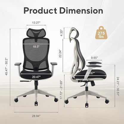 Nouhaus Apertura Ergonomic Office Chair, Home Office Desk Chairs w/Adjustable Lumbar Support & Headrest, Dynamic Back Support, 3D Armrests, High Back Mesh Comfy Computer Chair for Long Hours (Grey)