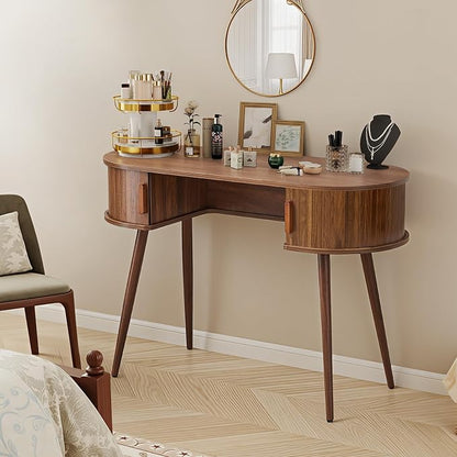 Mid-Century 43" Small Wood Desk, Home Office Writing Desk with Storage, Unique Design Fluted Vanity Table Desk for Bedroom, Study Room
