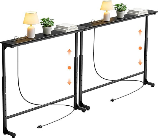 GRLEAF 2 Pack Adjustable Height Narrow Console Table with Power Outlets, 70" Long Sofa Table with Charging Station Behind Couch Table Entryway Table for Living Room and Hallway – Black