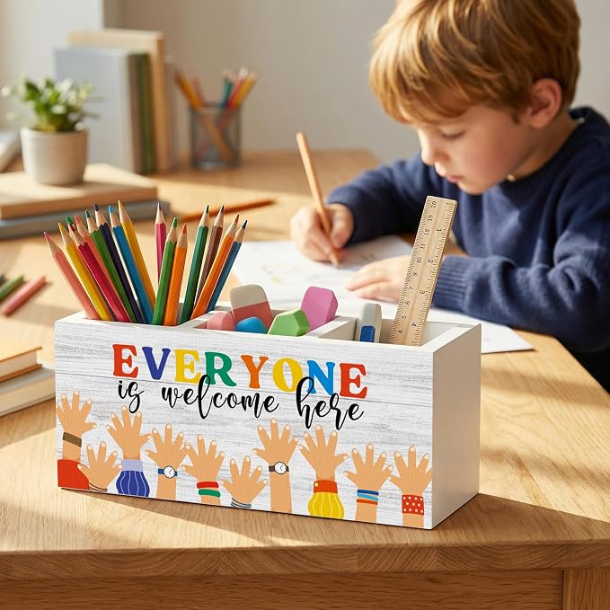 Inspirational Classroom Welcome Pencil Pen Holder for Desk Organizer, Everyone is Welcome Here, Diversity Equality Classroom Wooden Box Decorations for Kids LGBT Pride Black Lives Matter