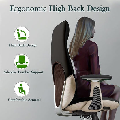 Ergonomic Genuine Leather Office Chair, Executive Chair with Tilt Adjustable High Back and Lumbar Support, 400lbs Weight Capacity Metal Base with 360° Flexible Wheels (New Black)