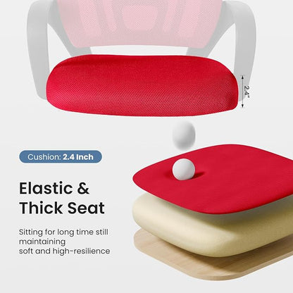 DUMOS Home Office Chair - Ergonomic Mid Back Mesh Desk Chair with Lumbar Support & Rocking Mode, Height Adjustable with Fixed Armrest, for Computer, Gaming, Meeting, 360° Swivel, Red
