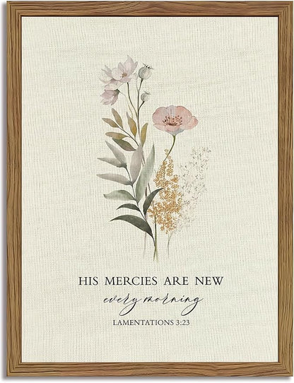 Christian Scripture Canvas Wall Art Bible Inspirational Poster Wall Decor His Mercies Are New Every Morning Pictures Print for Prayer Room Office Living Room Home Decoration 12x16 in Wood Framed