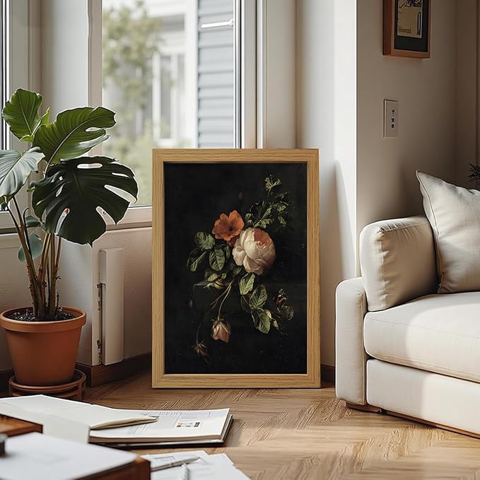 CXQILVER Framed Vintage Dark Floral Wall Art, Botanical Rose Canvas Print, Antique Still Life Flower Painting Rustic Dark Academia Wall Decor, Classical Floral Artwork for Bedroom Living Room 16x24in