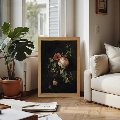 CXQILVER Framed Vintage Dark Floral Wall Art, Botanical Rose Canvas Print, Antique Still Life Flower Painting Rustic Dark Academia Wall Decor, Classical Floral Artwork for Bedroom Living Room 16x24in