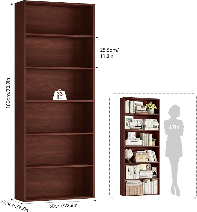 FOTOSOK 6-Tier Open Bookcase and Bookshelf, Freestanding Display Storage Shelves Tall Bookcase for Bedroom, Living Room and Office