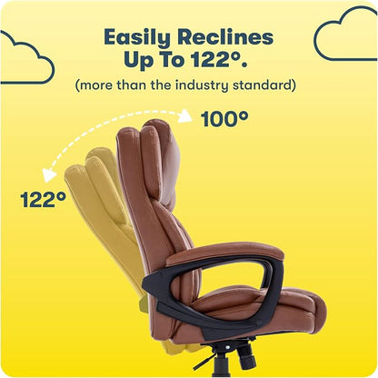 Serta Garret Executive Office Chair, Ergonomic Mid-Back with Lumbar Support, Semi-Plush Cushion and Body Pillows, Padded Armrests, Swivel Base, Bonded Leather, Cognac