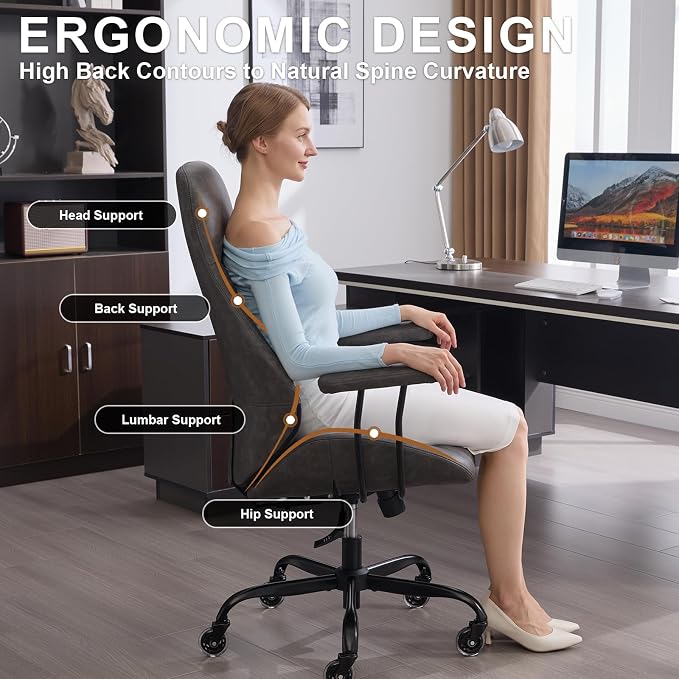 Office Chair with Rubber Wheels, Ergonomic Computer Chair 500 lbs, Leather Desk Chair with Lumbar Support, Executive Chair Adjustable Height & Recline, Dark Grey | Ergonomic, Lumbar Support, 360° Swivel & Rolling Wheels, Adjustable Height, for Adults &...