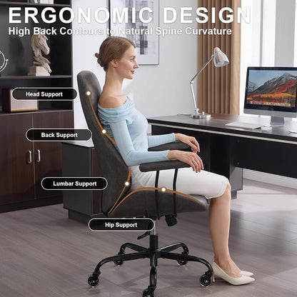 Office Chair with Rubber Wheels, Ergonomic Computer Chair 500 lbs, Leather Desk Chair with Lumbar Support, Executive Chair Adjustable Height & Recline, Dark Grey | Ergonomic, Lumbar Support, 360° Swivel & Rolling Wheels, Adjustable Height, for Adults &...