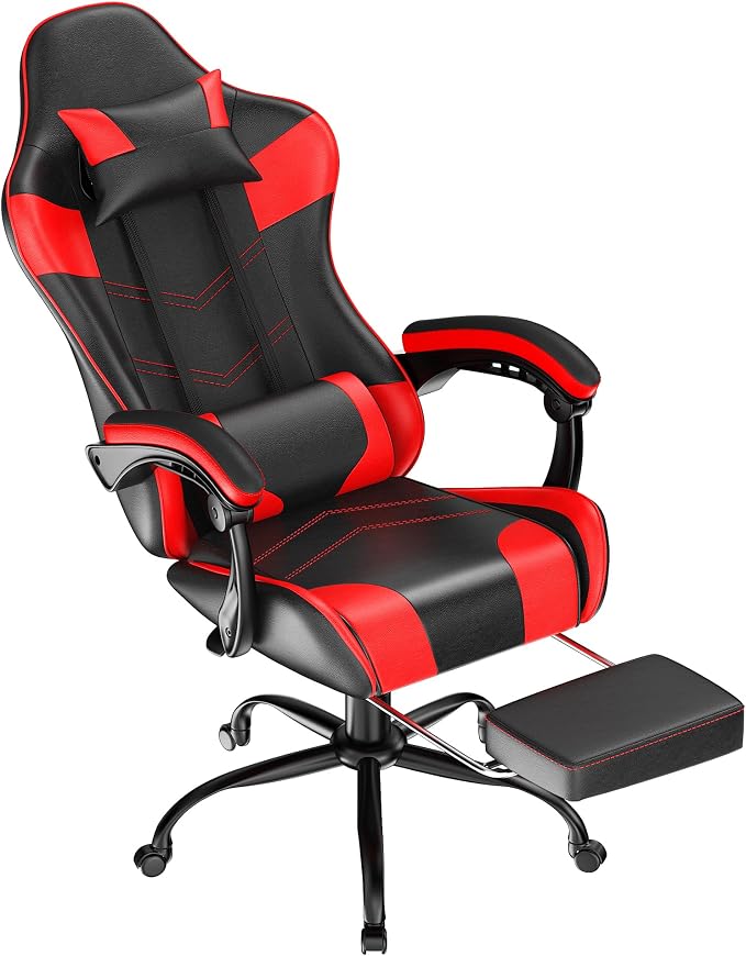 Gaming Chair with Footrest, Ergonomic Video Game Chair with Headrest and Lumbar Support, 400 lbs Adult Chair, Height Adjustable 360° Swivel High Back Reclining Computer Chair for Home Office (Red)