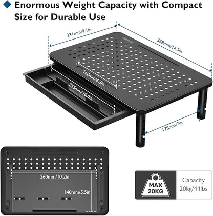 BONTEC 1 Pack Adjustable Monitor Stand Riser with Drawer, Ergonomic Mesh Platform Computer Monitor Stand for Desk, Ventilated Laptop and PC Stand with Cable Management, Supports up to 44lbs