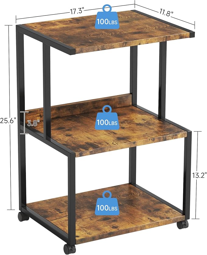 Mexin Printer Stand-Small 3 Tier Printer Table with Wheels, Industrial Rolling Printer Cart with Storage Shelf for Scanner Fax Home Office Use,17.5 x 11.8 Inches, Rustic Brown