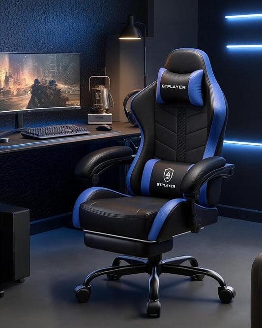 GTPLAYER Gaming Chair with Footrest, Computer Gaming Chair for Adults, Height Adjustable Gamer Chair with 90-155° Recline & Removable Headrest Lumbar Support, Dark Black-Blue