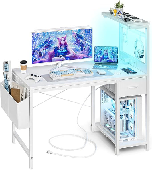 Grandder Gaming Desk 47 Inch with Power Outlet and LED Light, Computer Desk with Reversible Shelves and Storage Drawer, Pc Small Desk for Home Office Table with Bag, Carbon Fiber White