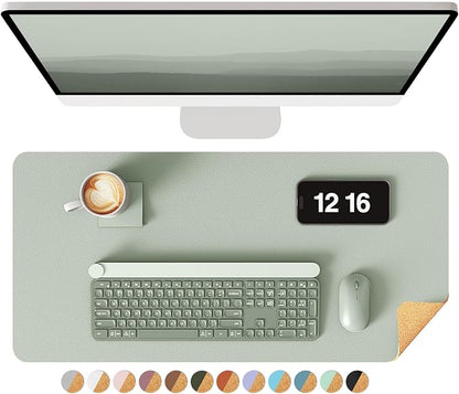 YSAGi Double-Sided Desk Pad, 23.6"x13.7"Leather Desk Mat, Eco Cork Desk Pad Protector,Large Mouse Pad,Waterproof Desk Blotter for Office/Home(Grayish Green)