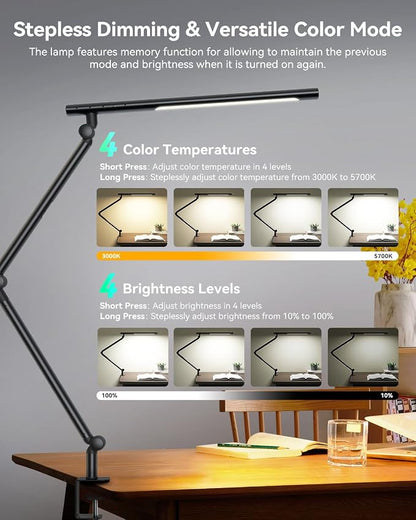 LED Desk Lamp with Clamp, 18W Architect Desk Lamp with Dual Light, Flexible 3 Sections Swing Arm, with RGB Light, with Remote, with Sensor Switch, Stepless Dimming, 4 Color Mode & 5 Brightness