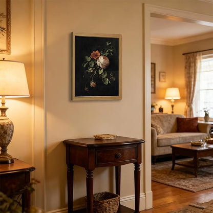 CXQILVER Framed Vintage Dark Floral Wall Art, Botanical Rose Canvas Print, Antique Still Life Flower Painting Rustic Dark Academia Wall Decor, Classical Floral Artwork for Bedroom Living Room 16x24in