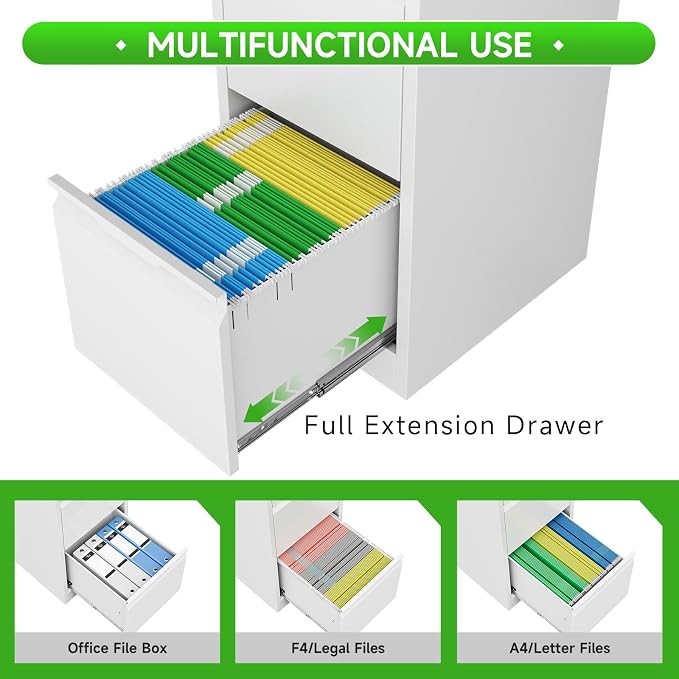 2 Drawer File Cabinet with Lock, Heavy Duty Steel Under Desk Vertical Filing Cabinet for Home Office Use, Printer Stand with Drawers, for A4/Letter-Size Files, Easy to Assemble, White