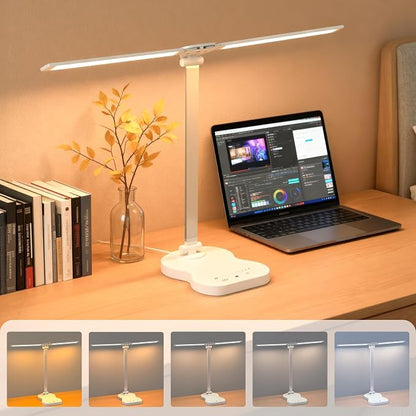 LED Desk Lamp with USB Charging Port, 5 Color Modes 10 Brightness, Dual Swing Arm Dimmable Desk Lamps for Home Office Nail Dorm (White)