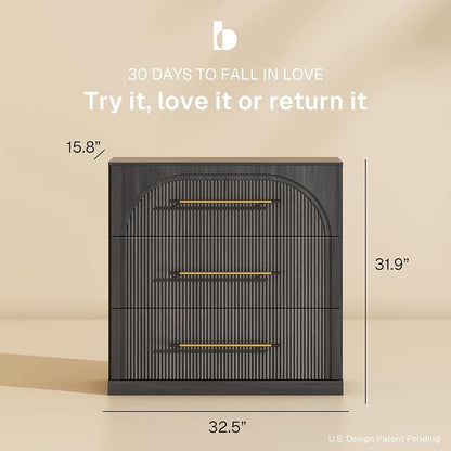 BELLEZE 32.5" Kitchen Storage Cabinet with 3 Drawers,Freestanding Accent Cabinet with Fluted Arched Design & Gold Handles,Modern Credenza for Living Room,Dining Room,Entryway - Ebony