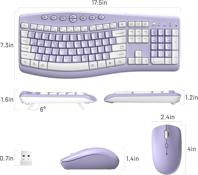 Wireless Keyboard and Mouse Combo,2.4G Full Size Ergonomic Curved Silent Keyboard with Fn Multimedia Keys for Office and Home, 3-DPI Quiet Mouse for Windows,Mac OS Desktop/Laptop/PC (Purple-A)