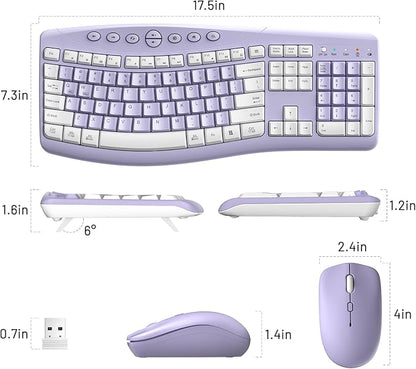 Wireless Keyboard and Mouse Combo,2.4G Full Size Ergonomic Curved Silent Keyboard with Fn Multimedia Keys for Office and Home, 3-DPI Quiet Mouse for Windows,Mac OS Desktop/Laptop/PC (Purple-A)