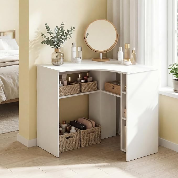 Tangkula White Corner Desk with Charging Station, 90-Degree Triangle Computer Desk with Ergonomic Curved Edge & Open Storage Shelves, Writing Study Desk for Small Spaces Home Office