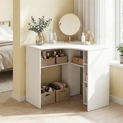 Tangkula White Corner Desk with Charging Station, 90-Degree Triangle Computer Desk with Ergonomic Curved Edge & Open Storage Shelves, Writing Study Desk for Small Spaces Home Office