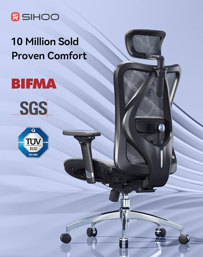 SIHOO M57 Ergonomic Mesh Office Chair, High Back Home Desk Chair with 3D Armrests, Lumbar Support and Adjustable Headrest, Comfortable Computer Chair, Big & Tall Office Chair Hold 330 LBS-Grey