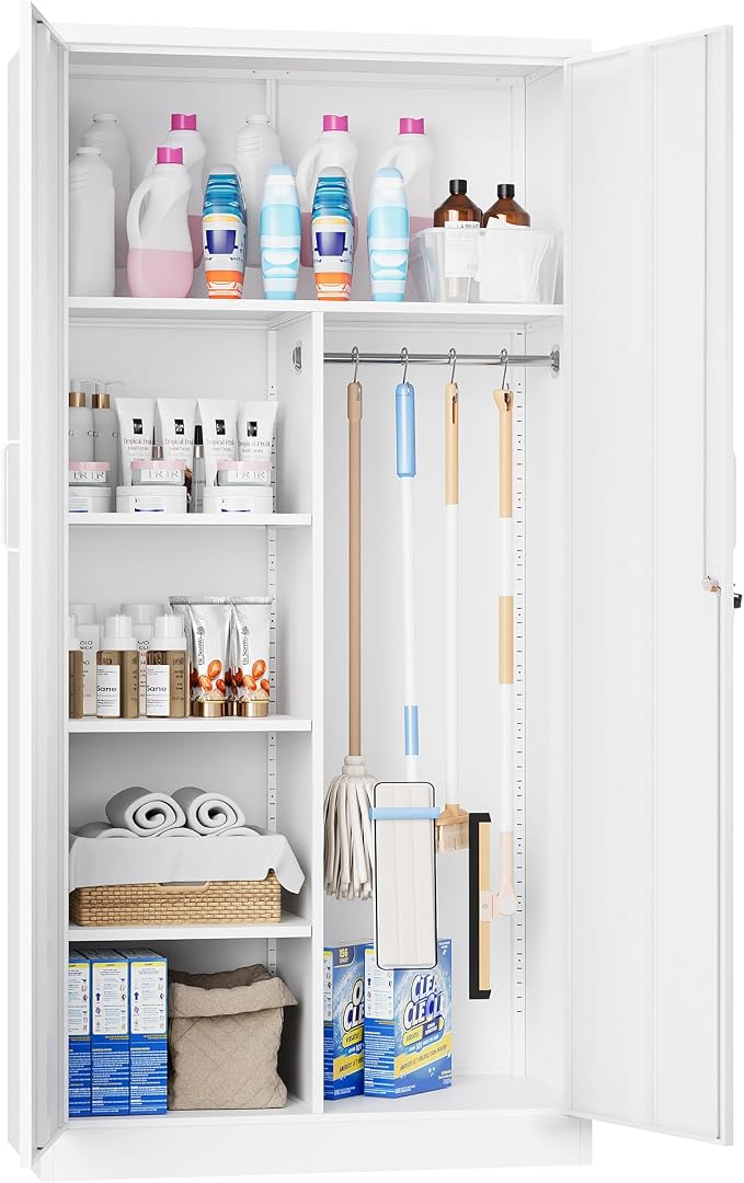 72" H Metal Garage Storage Cabinets, Lockable Broom Closet Cabinet with Hanging Rod & Doors, 5-Tier Steel Utility Cabinets for Garage, Laundry Room, Warehouse Storage, White