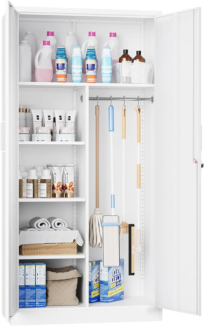 72" H Metal Garage Storage Cabinets, Lockable Broom Closet Cabinet with Hanging Rod & Doors, 5-Tier Steel Utility Cabinets for Garage, Laundry Room, Warehouse Storage, White