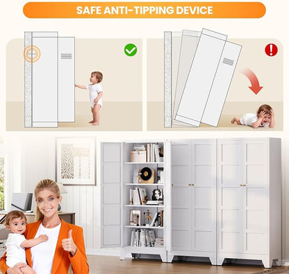72" Tall Kitchen Cabinet Storage Unit With 2 Doors and 4 Adjustable Shelves, Metal White Freestanding Cupboard, 5 Tier Kitchen Pantry Storage Cabinet for Kitchen Dining/Living Room/Garage/Home/Office