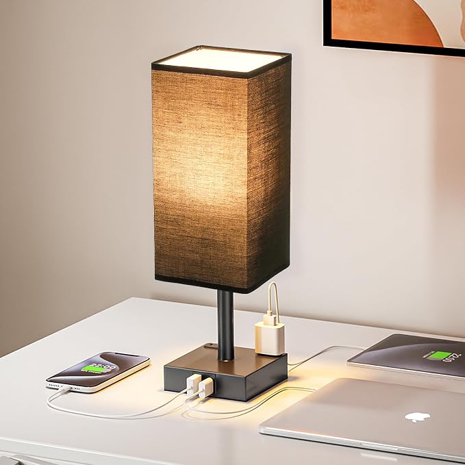 Touch Bedside Table Lamp for Nightstand - 3-Way Dimmable Night Lamp with USB A + Type C Charging Ports and Two AC Outlets, Small Desk Light with E26 LED Bulb for Bedroom Living Room Dorm Office,Black