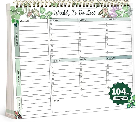 104 Pgs Weekly To Do List Notepad, 52 Duplex-Printed Undated Sheets 100 GSM（8.5"×11") Weekly Desk Planner For Work Home School Office Desk Accessories Supplies & Goal Setting Tasks - Green Foliage