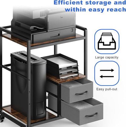 22" x 18.5" Large Printer Stand with Wheels, Mobile Rolling Printer Table Cart for Home Office, Rustic Brown Storage Organizer for Scanner, Fax, CPU, Shredder
