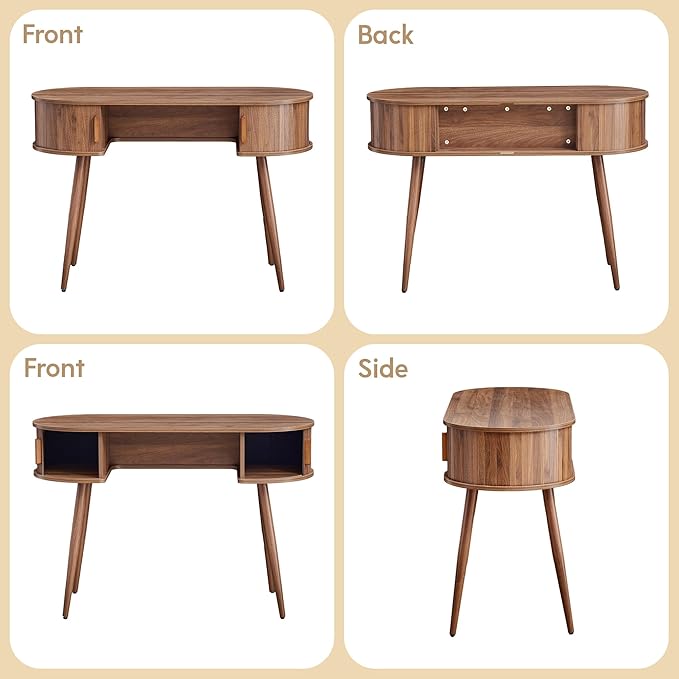 Mid-Century 43" Small Wood Desk, Home Office Writing Desk with Storage, Unique Design Fluted Vanity Table Desk for Bedroom, Study Room
