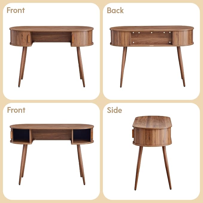43" Wood Writing Desk with Sliding Door Hide Storage, MCM Home Ofiice Fluted Desk with Unique Design - Make You Leg Free, Small Table with Metal Leg for Study, Vanity, Light-Work (Walnut)