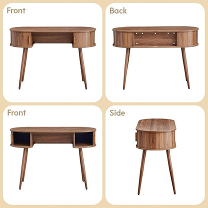 43" Wood Writing Desk with Sliding Door Hide Storage, MCM Home Ofiice Fluted Desk with Unique Design - Make You Leg Free, Small Table with Metal Leg for Study, Vanity, Light-Work (Walnut)