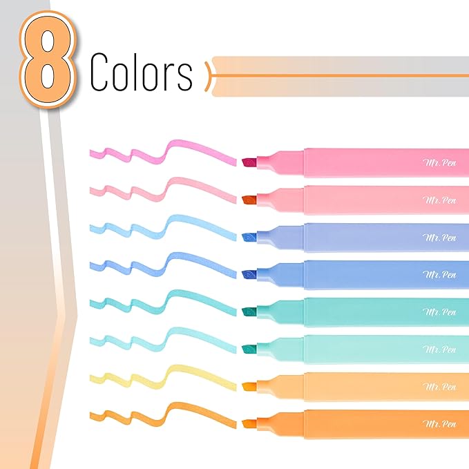 Mr. Pen- Aesthetic Highlighters No Bleed, 8 Pack, Assorted Colors | Chisel Tip, Cute Highlighters Assorted Colors for Journaling, Highlighting, Underlining, Fast Dry, Back to School Supplies