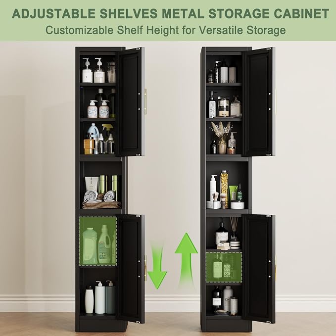 pozdeg 67" Tall Narrow Storage Cabinet Metal Bathroom Cabinet with 2 Doors & 4 Adjustable Shelves, Standing Pantry Cabinets Cupboard for Kitchen, Dining Room, Living Room and Bathroom (Black)