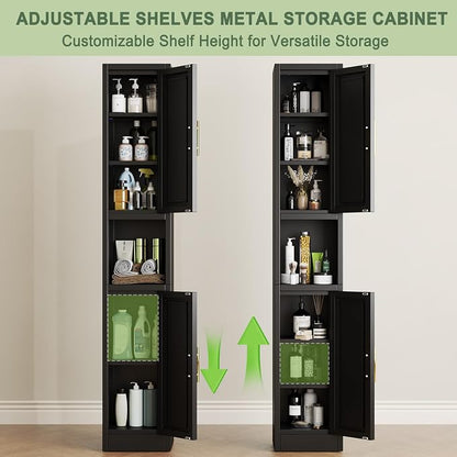 pozdeg 67" Tall Narrow Storage Cabinet Metal Bathroom Cabinet with 2 Doors & 4 Adjustable Shelves, Standing Pantry Cabinets Cupboard for Kitchen, Dining Room, Living Room and Bathroom (Black)
