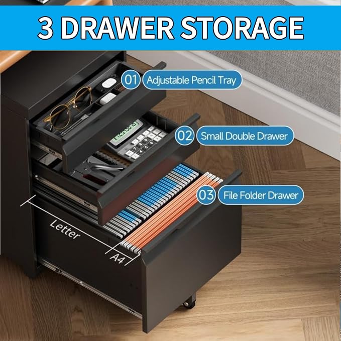 3 Drawer Mobile File Cabinet with Lock, Metal Filing Cabinet, Under Desk Rolling Small Filing Cabinet with Wheels for Home Office Storage, Fits Legal/A4/Letter/Document Size, Required Assembly, Black