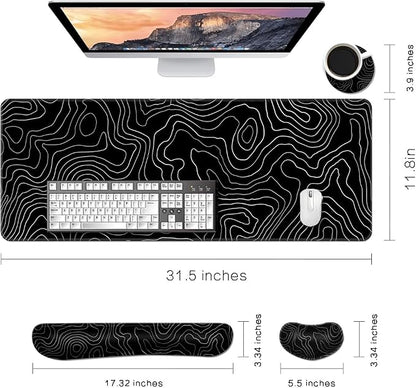 Desk Mat, Large Gaming Mouse Pad with Wrist Rest, 4 in1 XXL Mouse pad+Keyboard Wrist Rest+Mouse Pad Wrist Support+Cup Coaster Set, Ergonomic Desk Pad for Home Office, Topographic Line