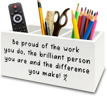 Inspirational Office Pen Pencil Holder Organizer for Desk, Thank You Appreciation Gifts for Women Men, Inspirational Gifts Wooden Box Sign for Home Office Desk Tabletop Decorations